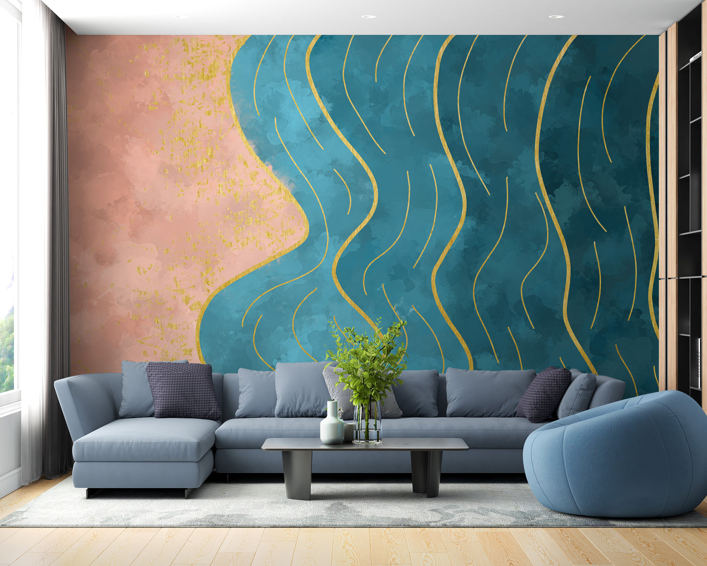 Abstract Wave with Gold Line Wallpaper Mural