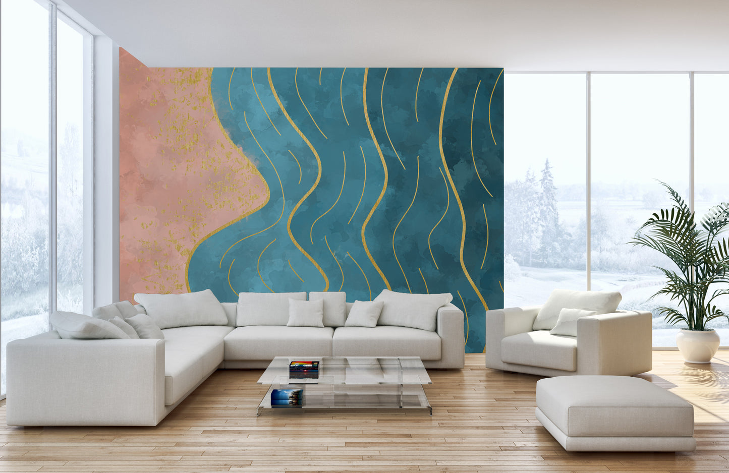 Abstract Wave with Gold Line Wallpaper