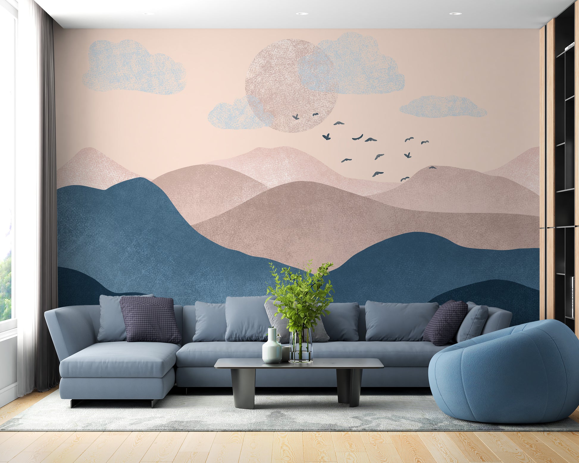 Landscape Blue Pink Mountain Mural Wallpaper