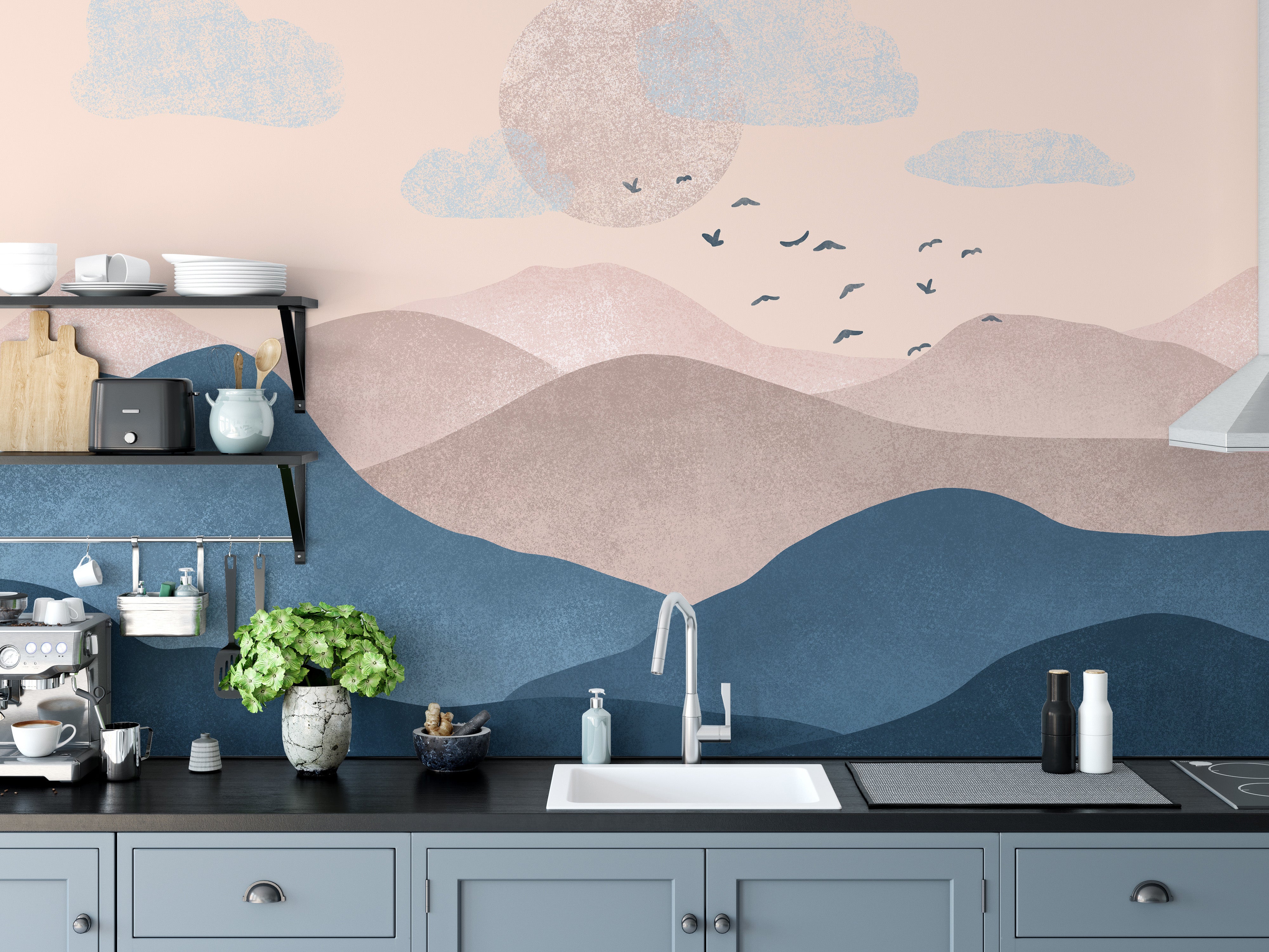 Landscape Blue Pink Mountain Reusable Wallpaper