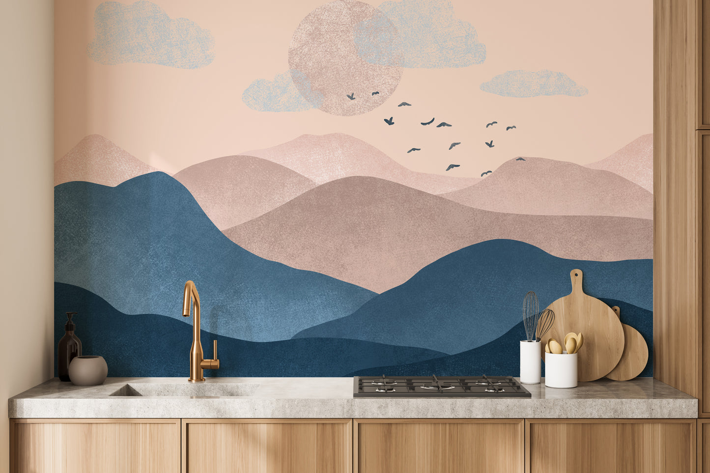 Landscape Blue Pink Mountain Wallpaper Mural