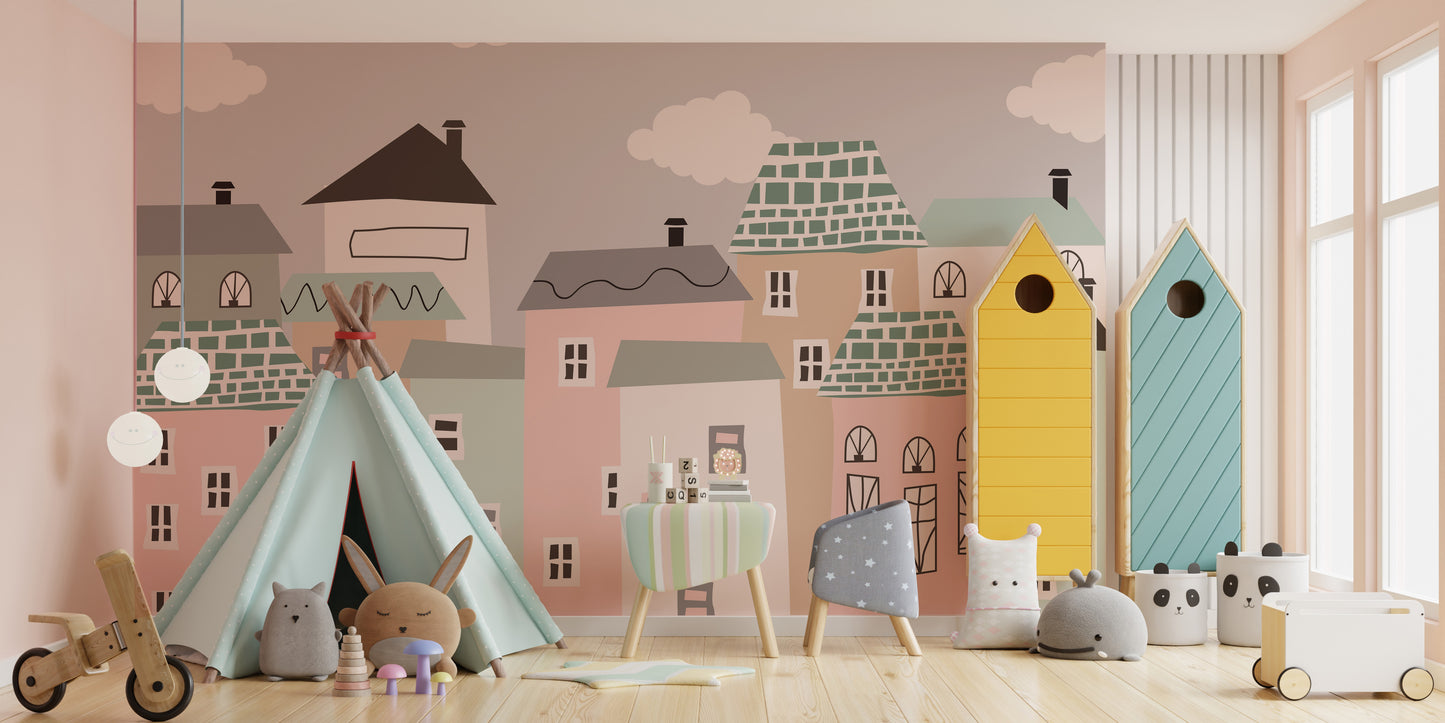 Pastel Houses Town Wallpaper for Renters