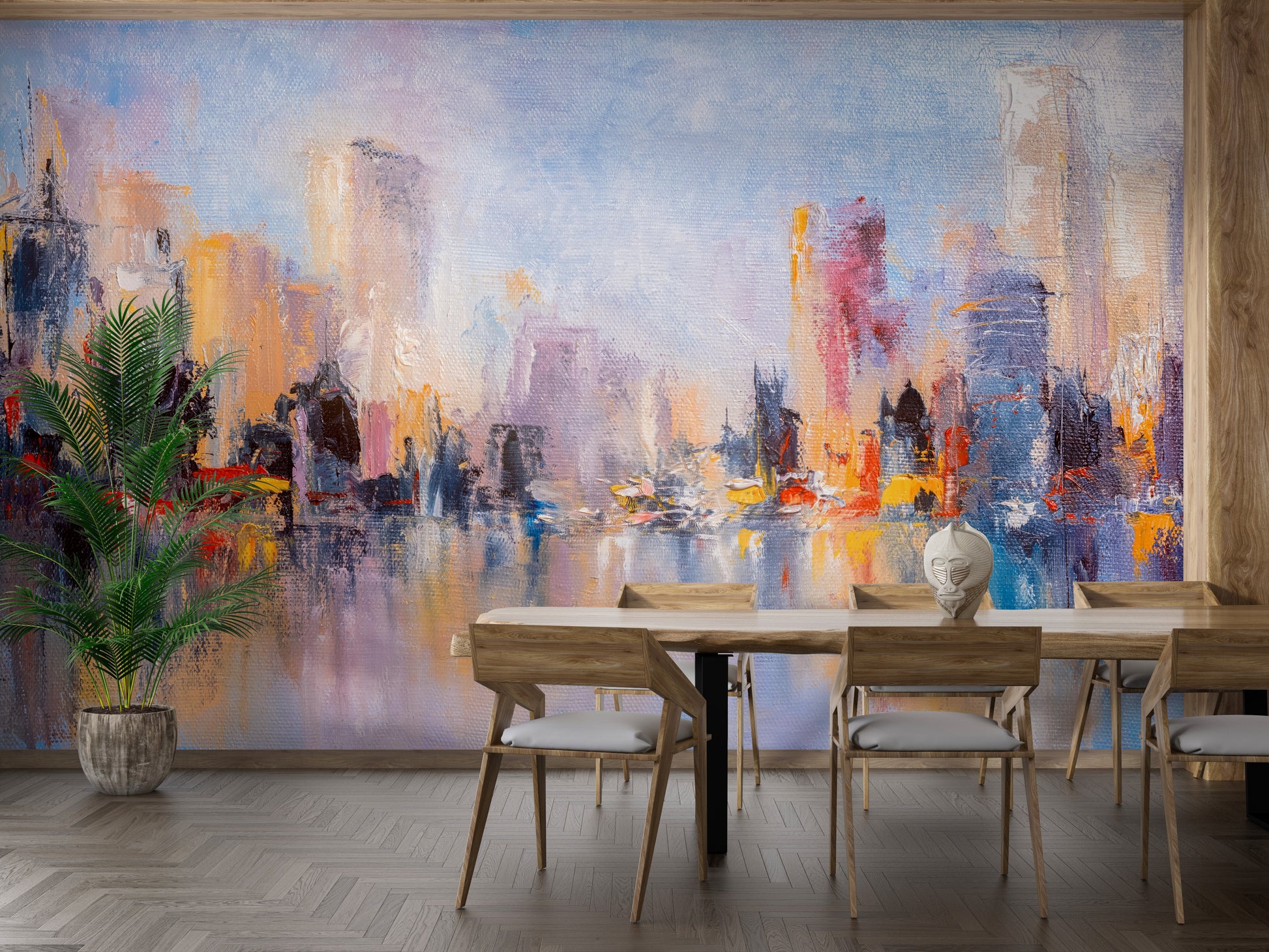 City Skyline Oil Paint mural wallpaper