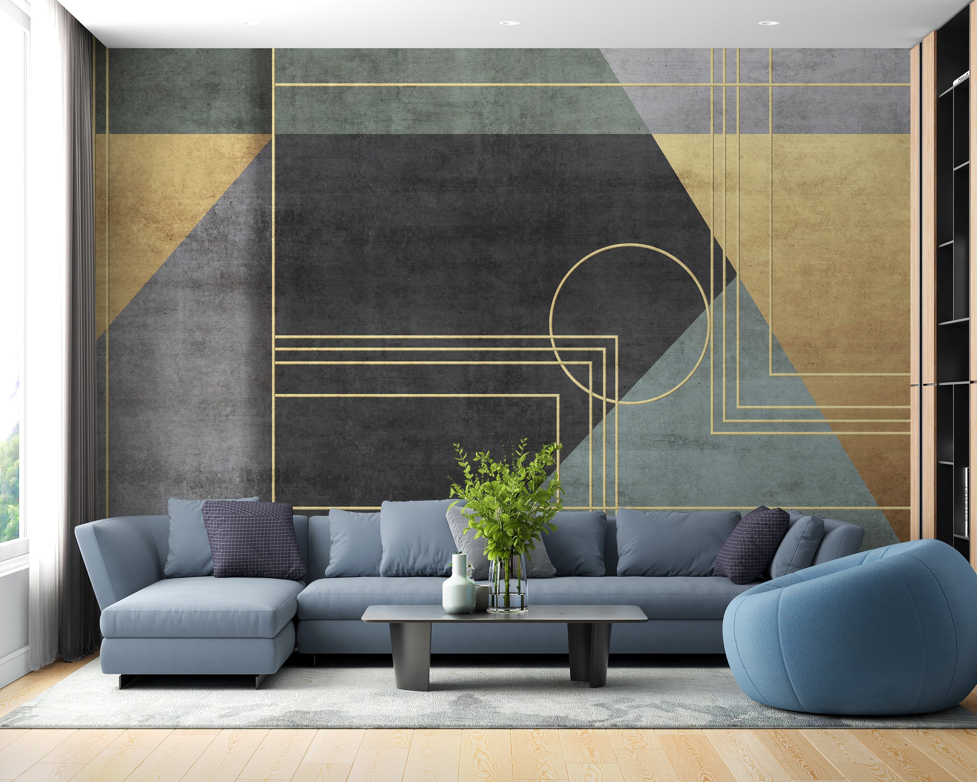 Modern Art Deco wallpaper with gold and concrete design