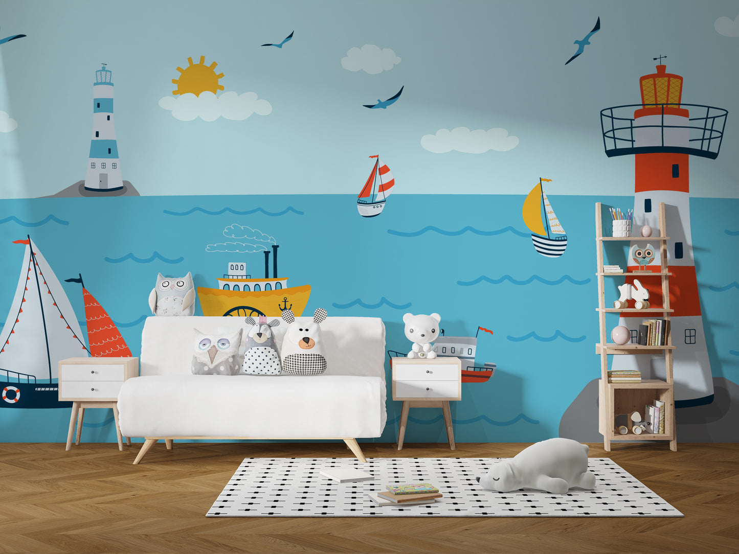 Blue coastal wallpaper with lighthouse and summer seascape