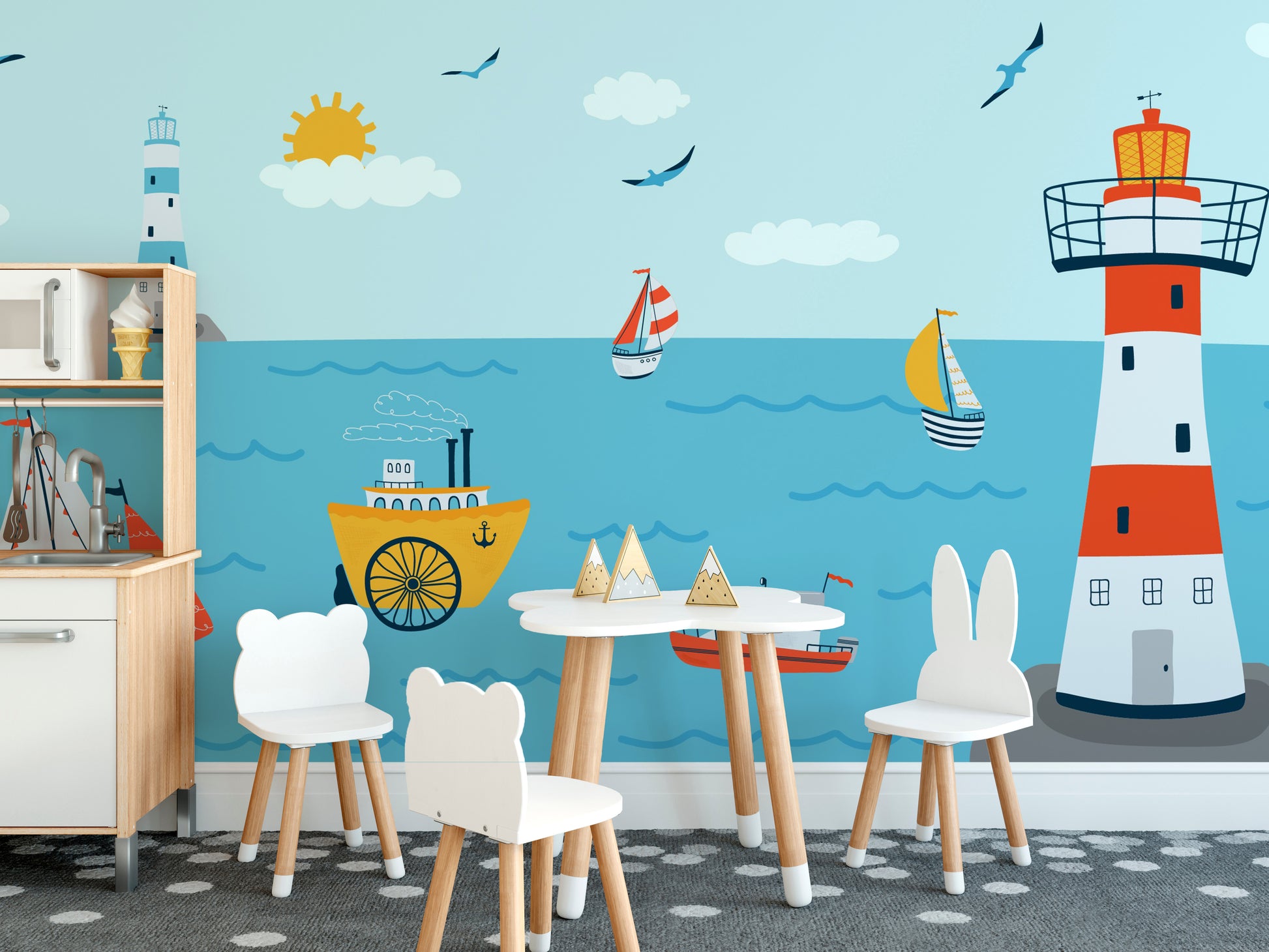 Ocean-themed wallpaper featuring sailboats and lighthouse