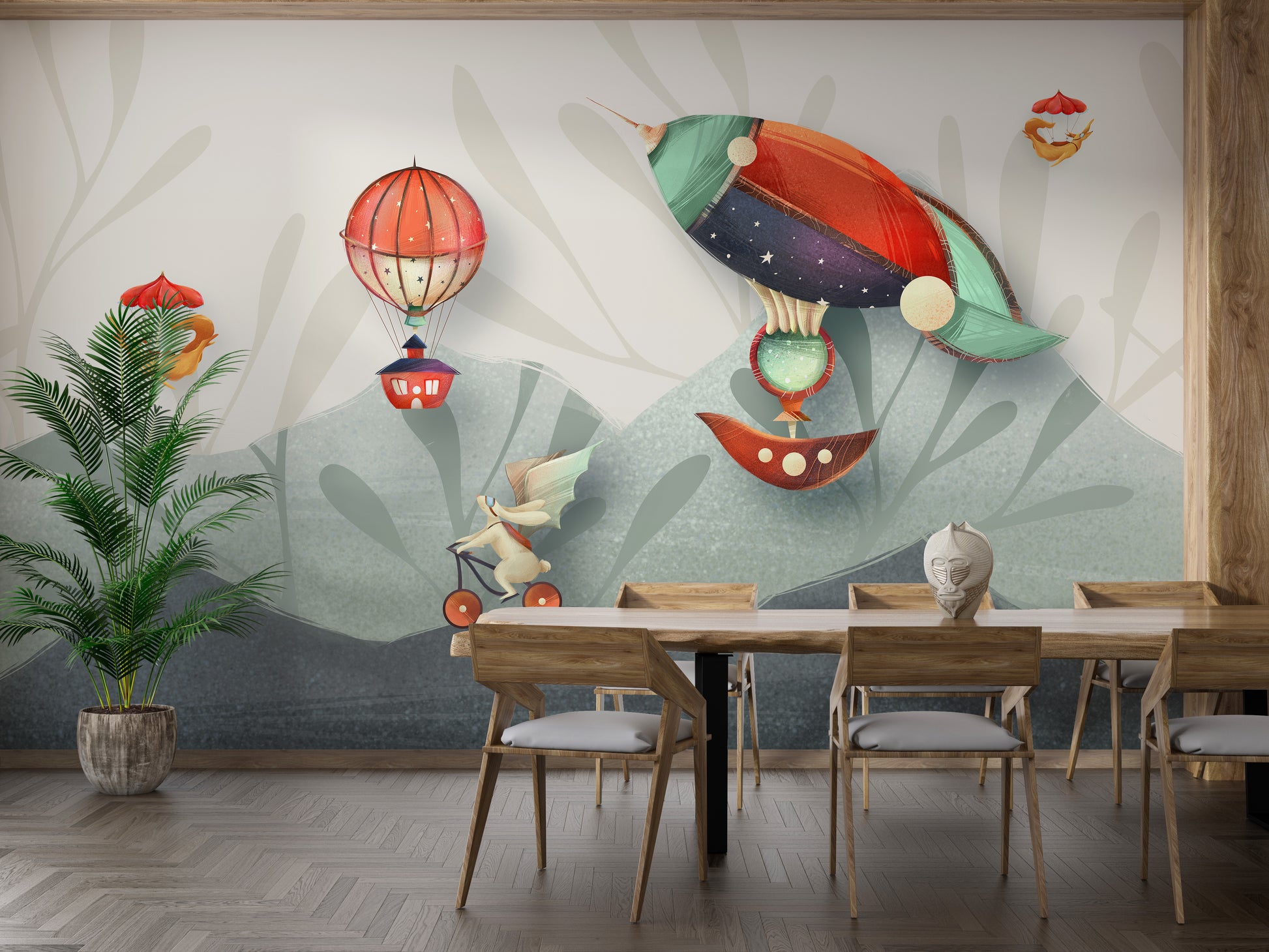 Flying animal illustration wallpaper for nurseries.