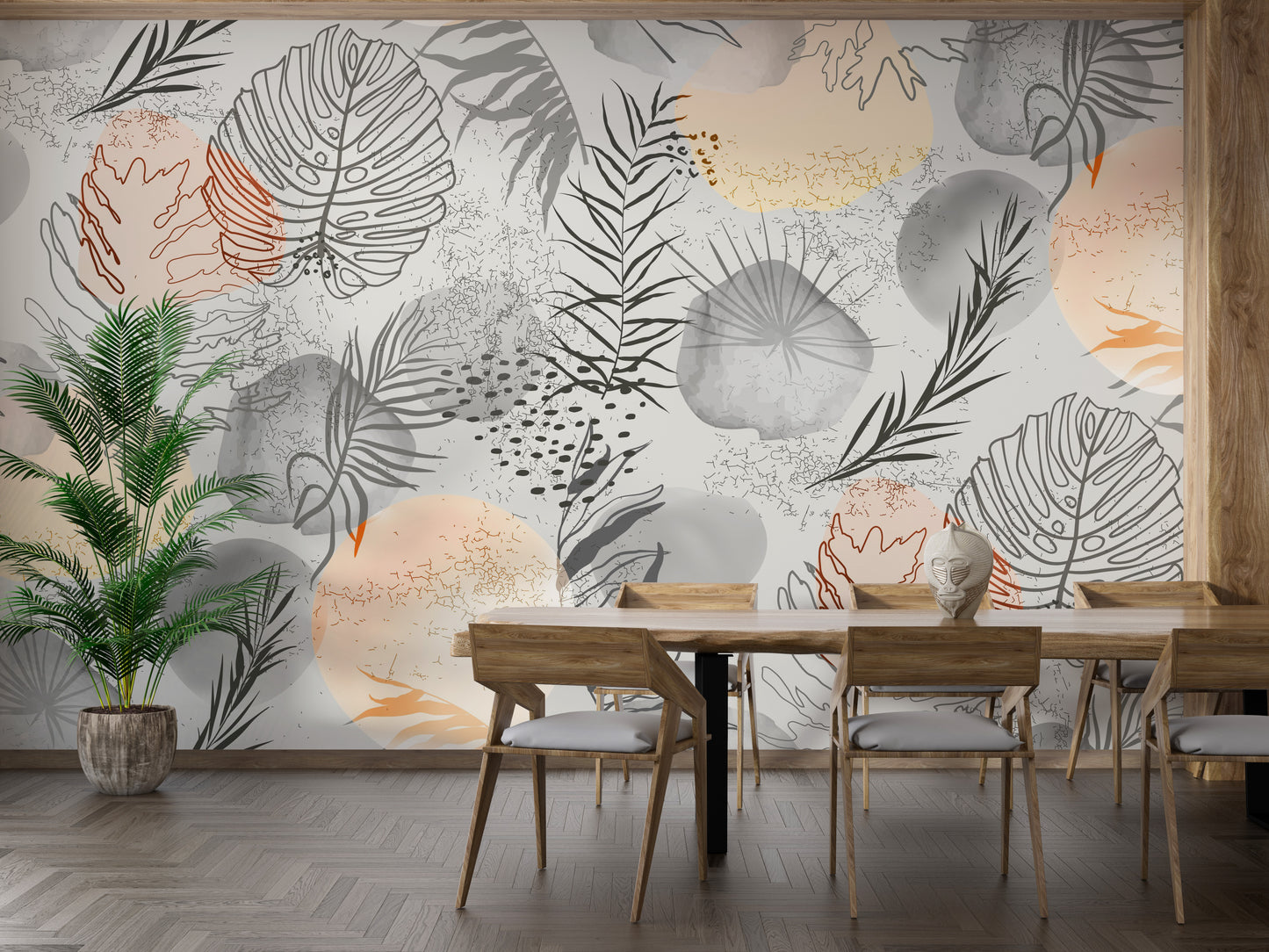 Abstract tropical leaf wall art mural in modern design.