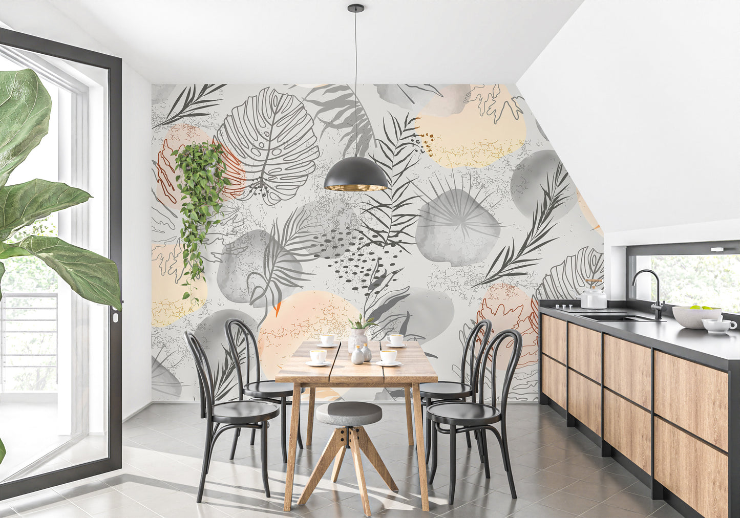 Contemporary tropical mural featuring abstract palm leaves.