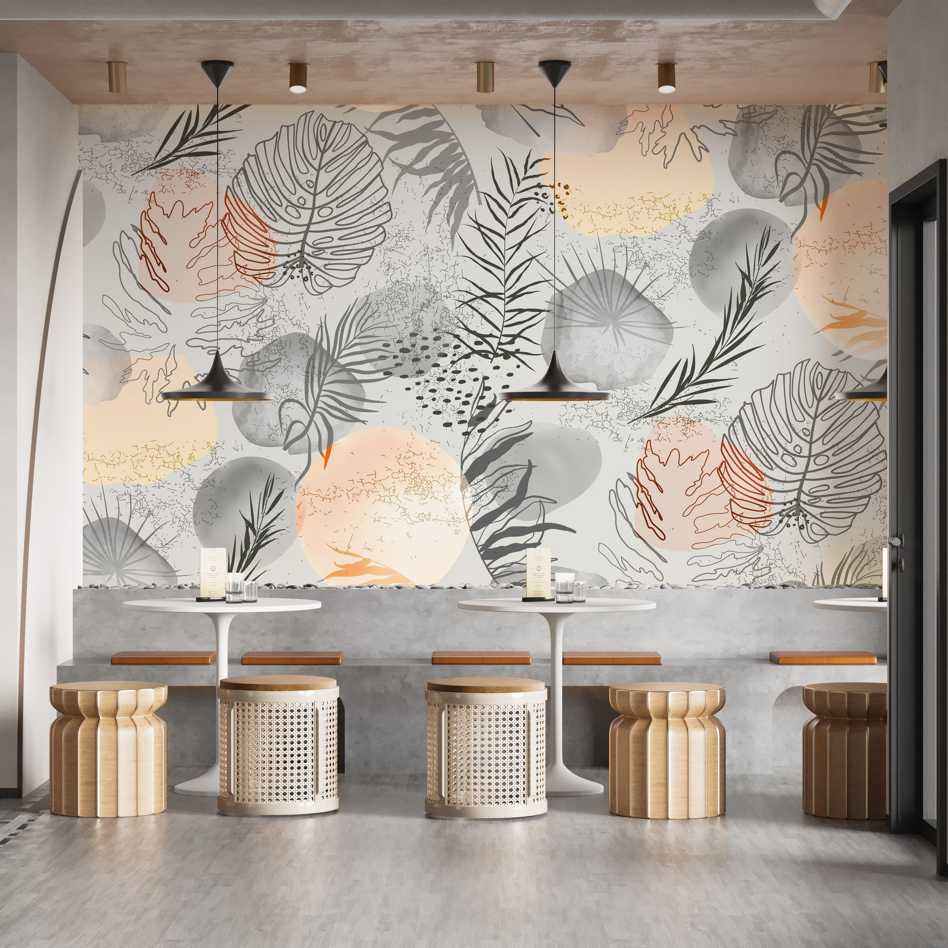 Tropical botanical wallpaper mural with soft neutral tones.