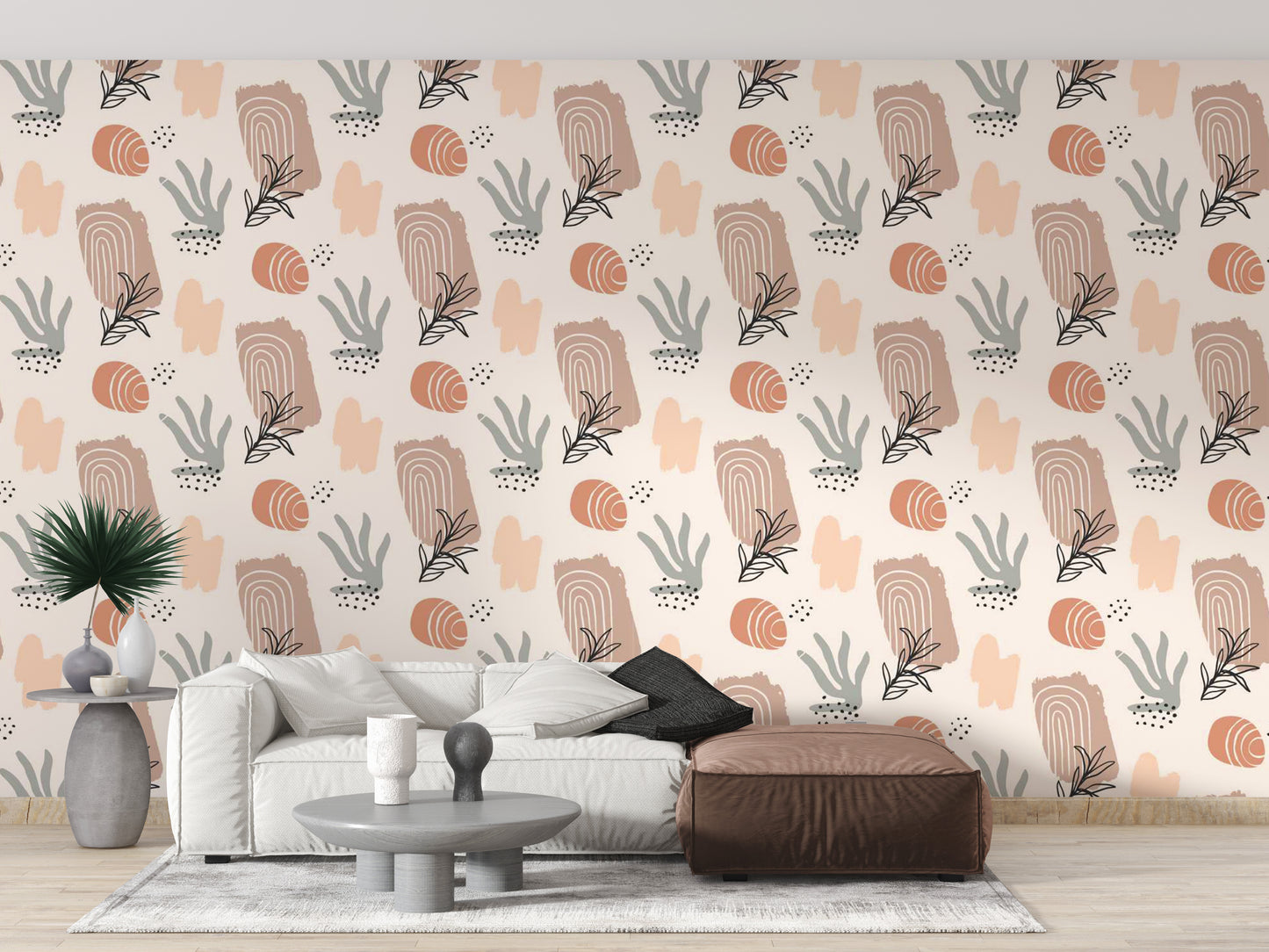 Warm beige watercolor wallpaper featuring natural abstract forms.