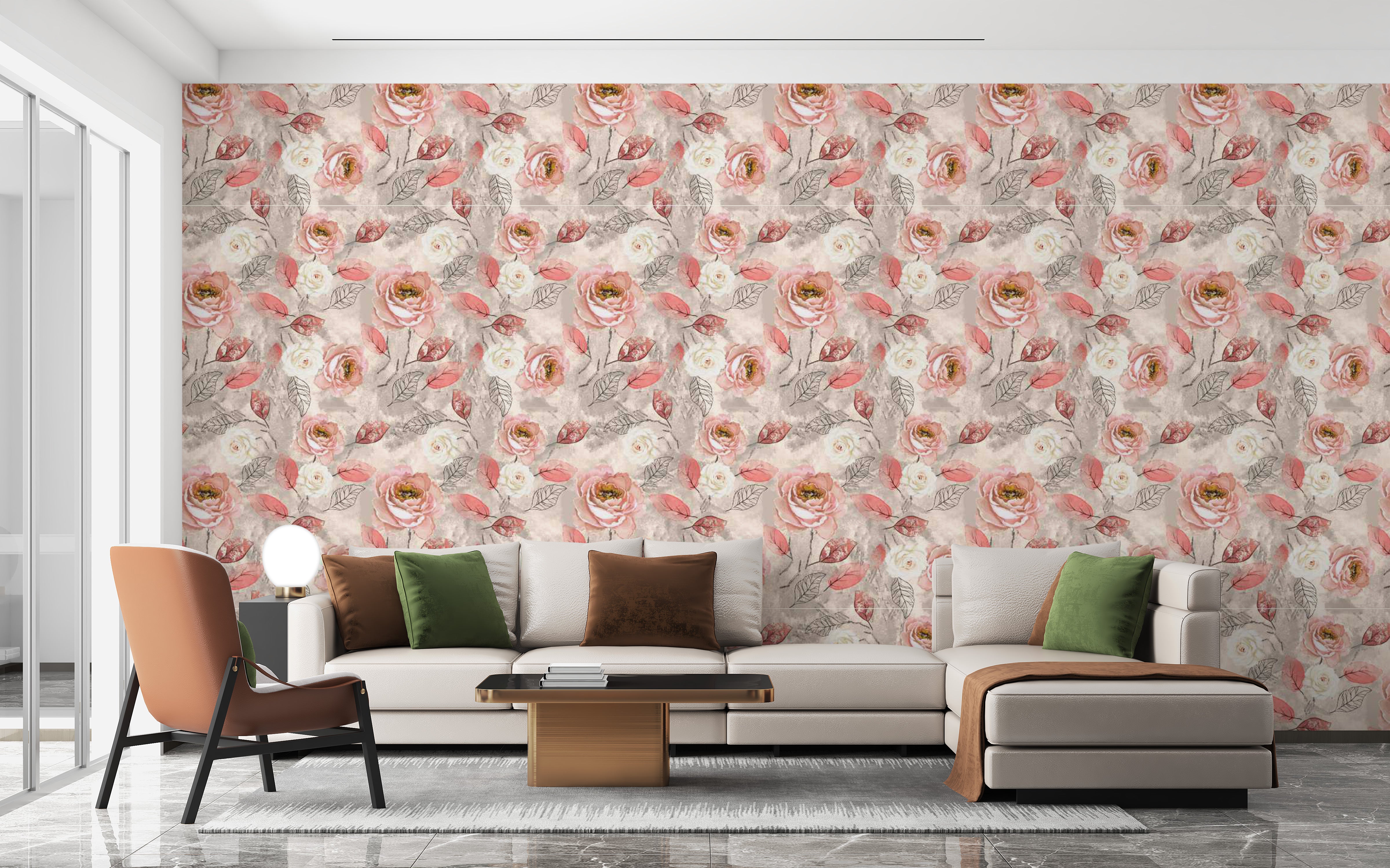 Pink flower wall mural featuring watercolor-style roses.