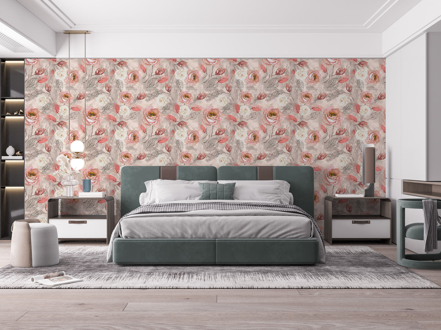 Blush pink flower wallpaper mural for a soothing ambiance.