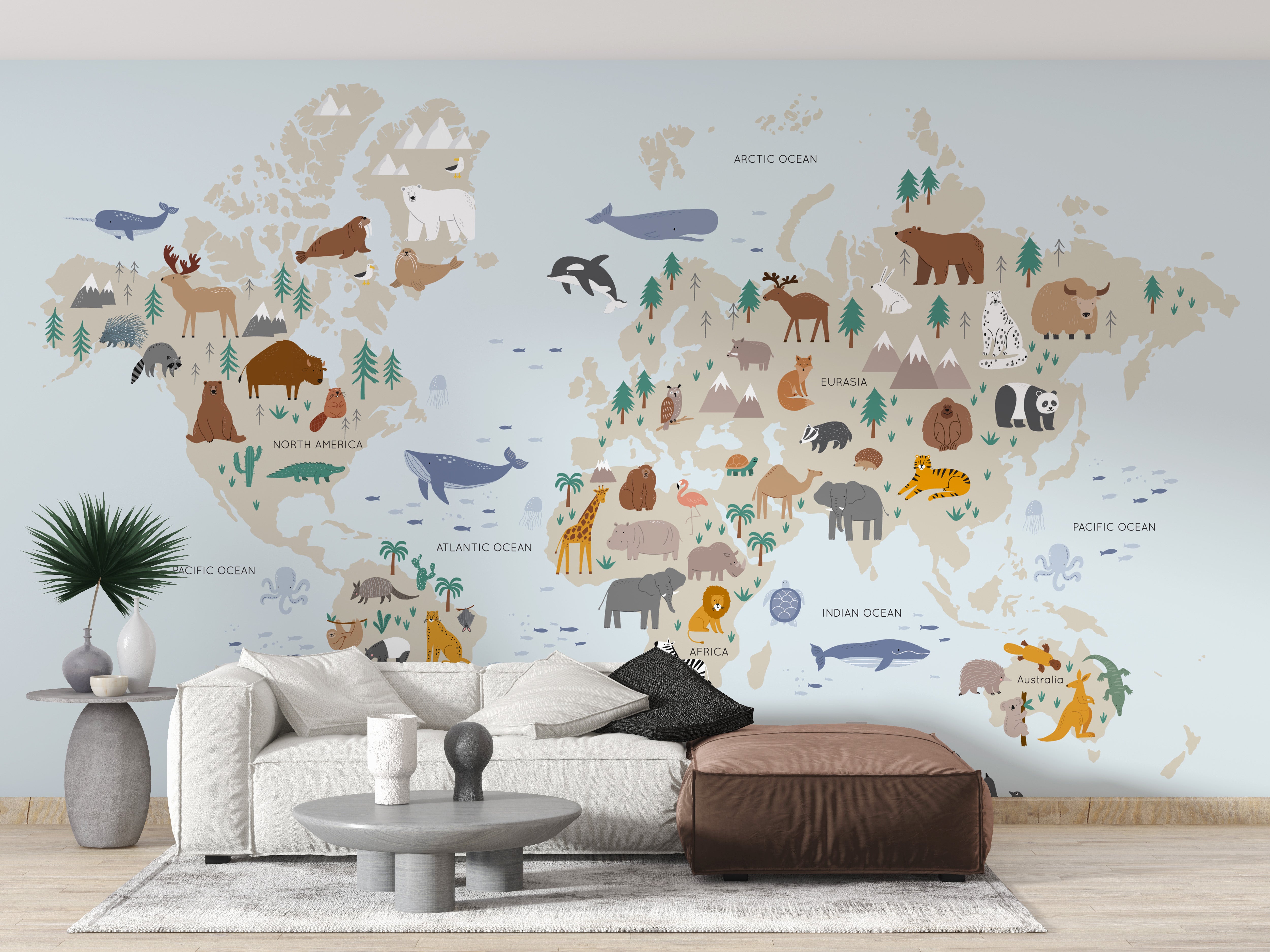 Kids wildlife map mural with global animal illustrations