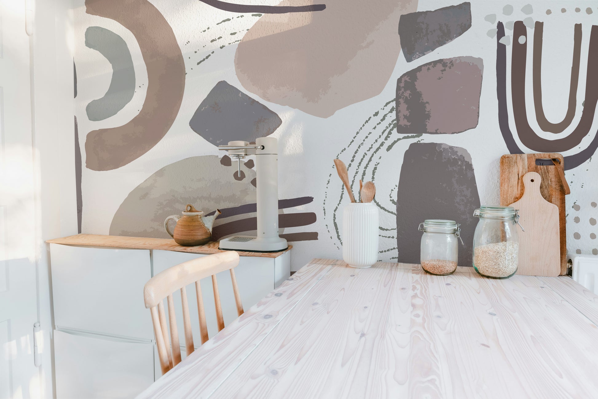 Abstract geometric Nordic mural in neutral beige and gray tones.