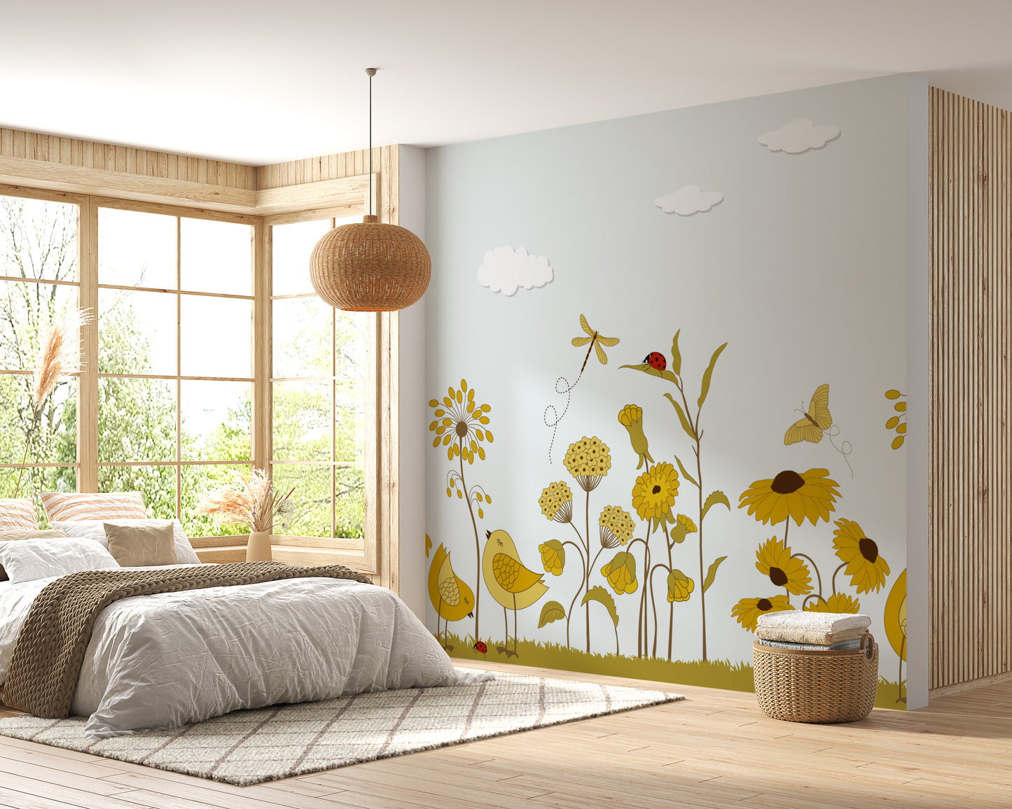 Cute birds and golden flowers mural