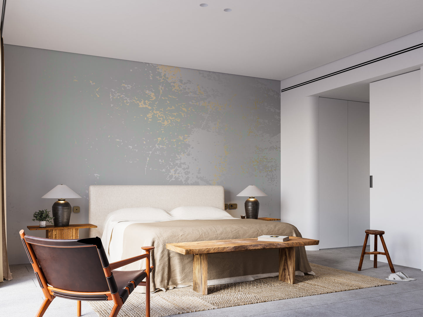 Chic abstract grunge mural in soft gray and gold tones.