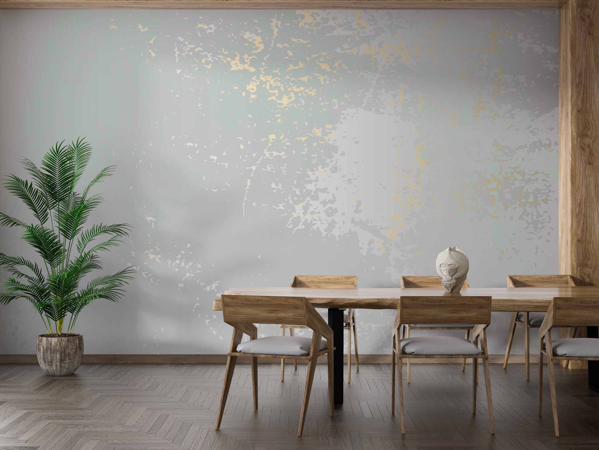 Soft pastel gray wallpaper featuring subtle gold accents.