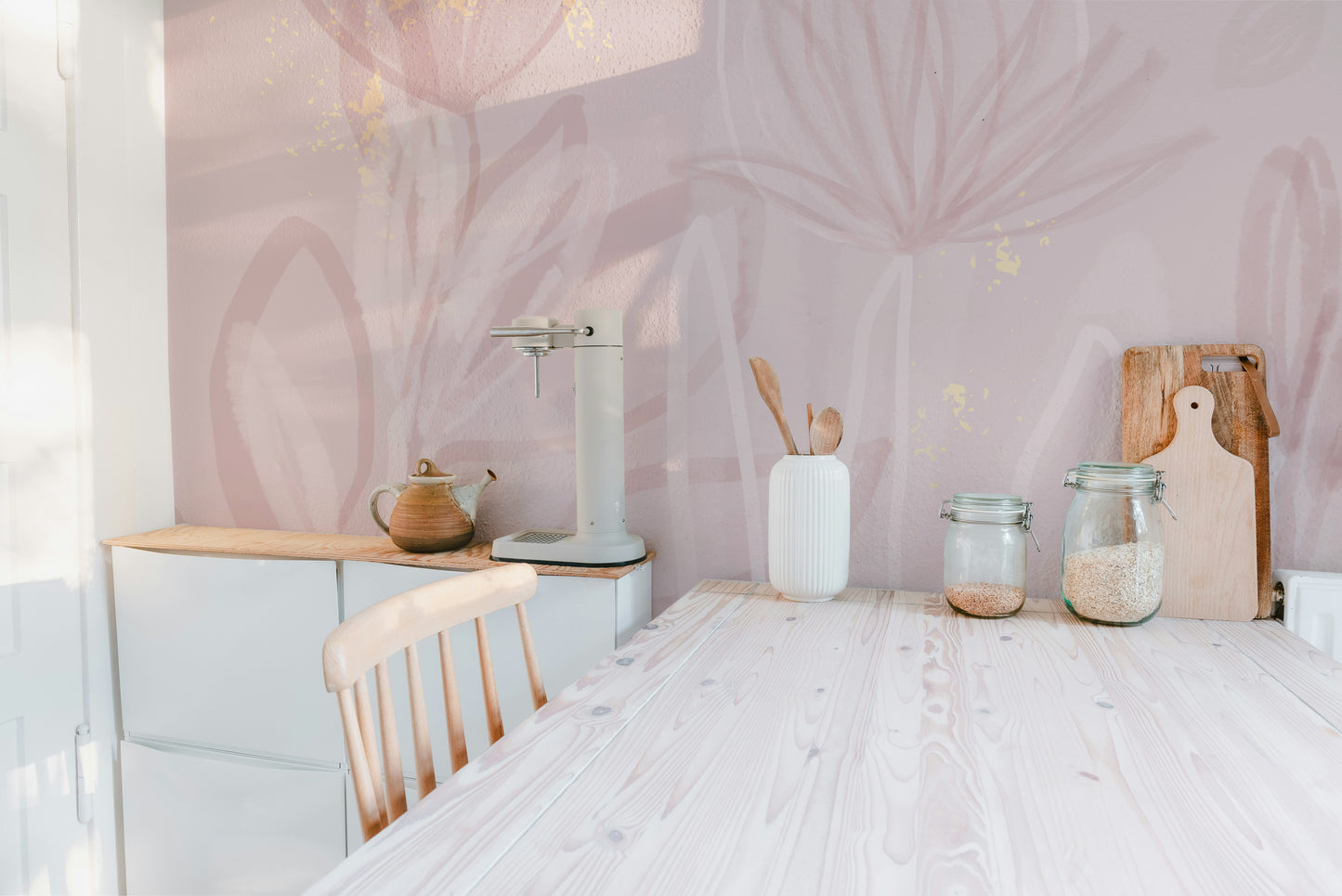 Elegant floral hand-painted wallpaper mural in pink.