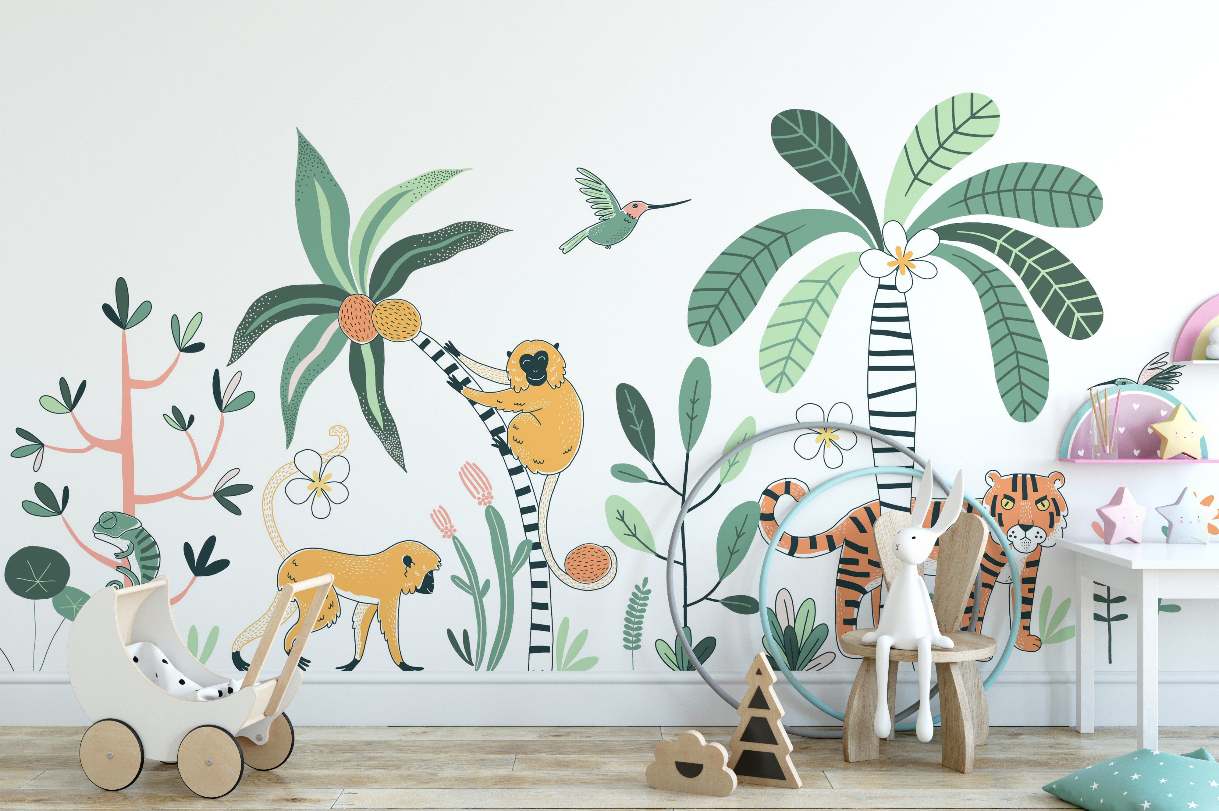 Floral jungle wallpaper featuring vibrant wildlife.