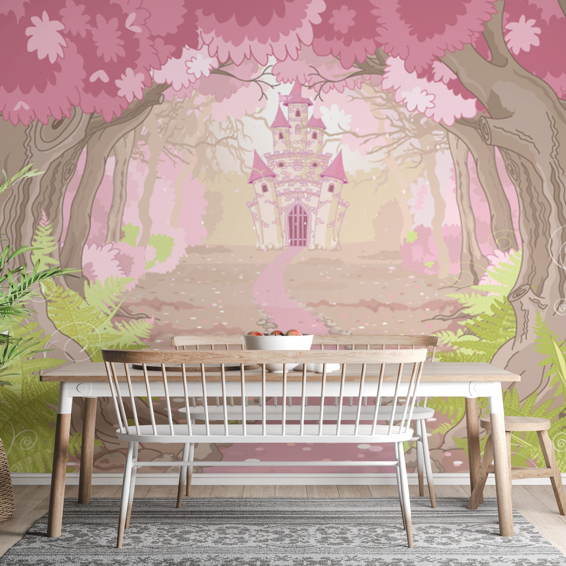 Whimsical castle wallpaper mural for fairy-tale decor.