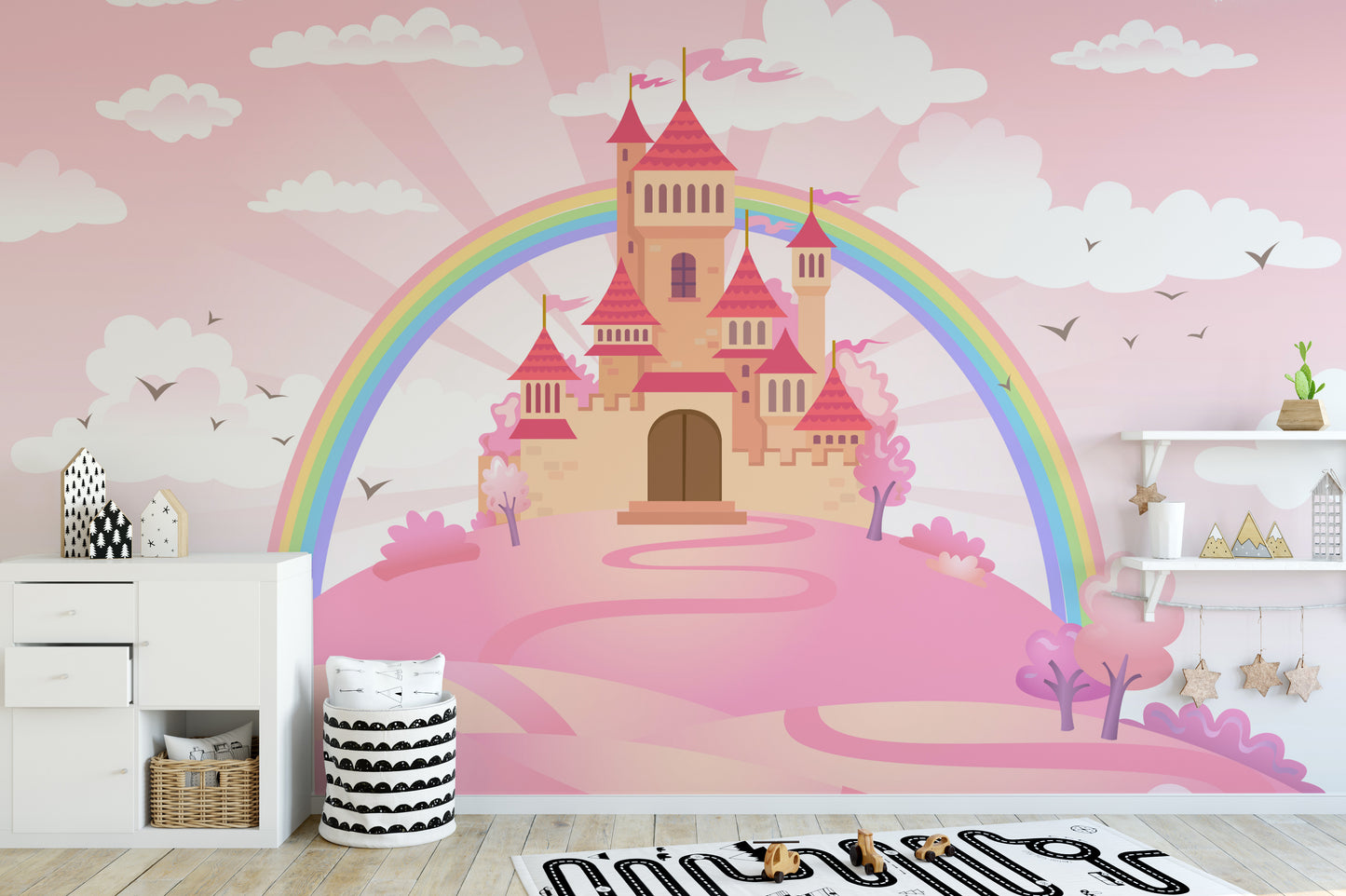 Fairytale Pink Castle Wallpaper for girls' rooms decor.