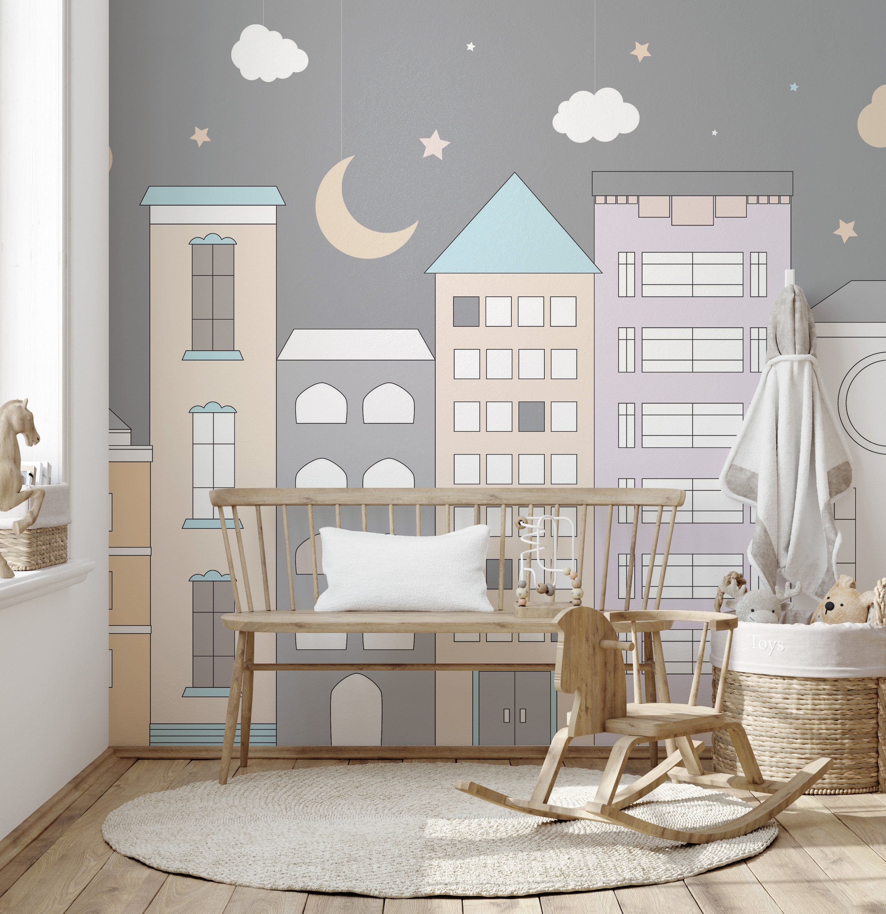 Soft pastel-colored town wallpaper for kids' décor.