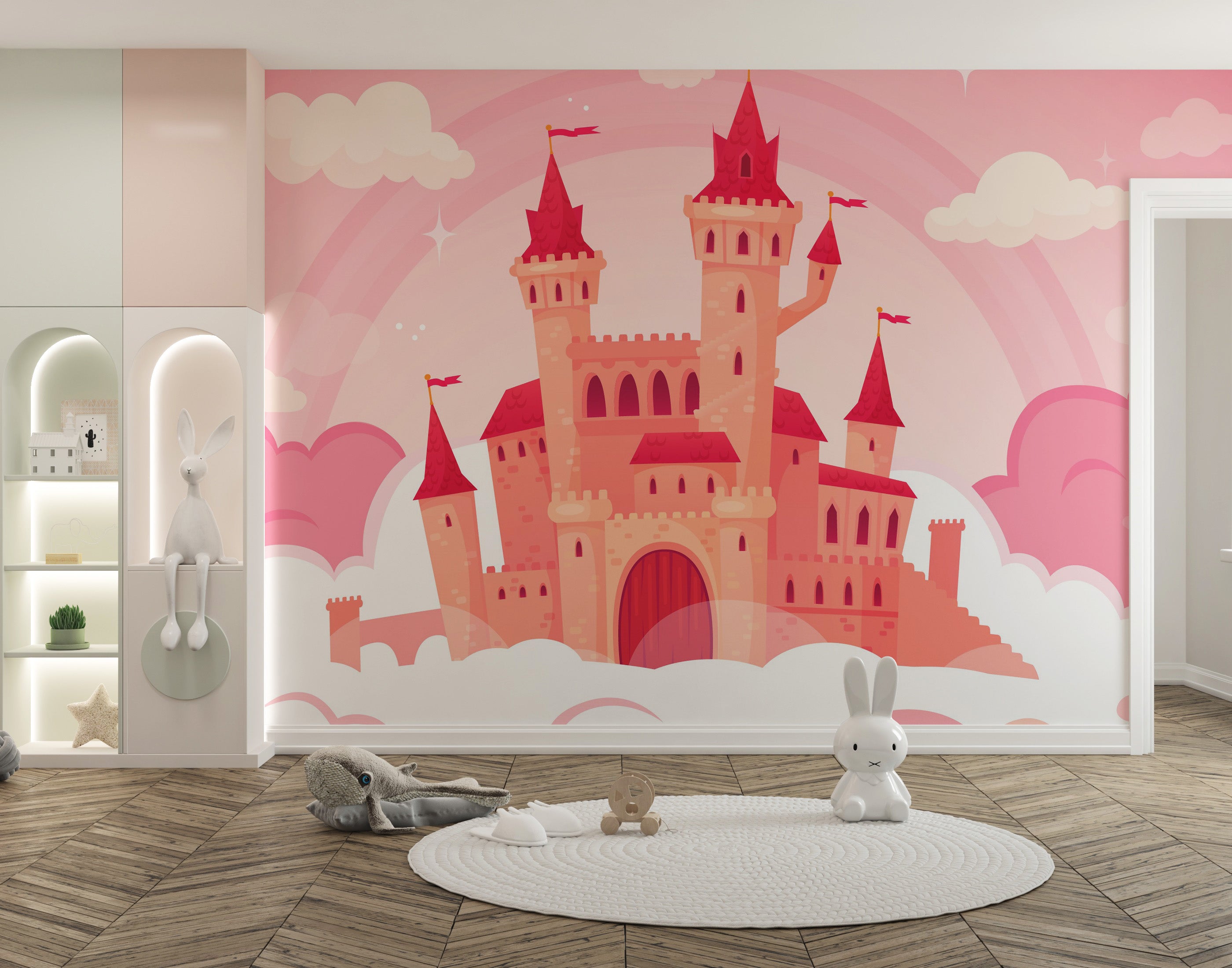 Pretty pink cartoon castle cloud wallpaper.