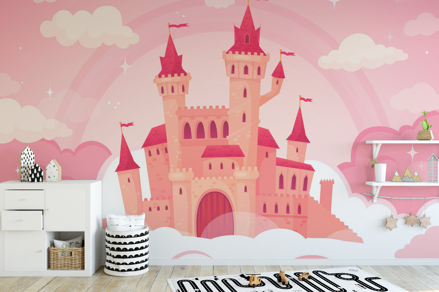 Cute Cartoon Castle in Pink Clouds Wallpaper