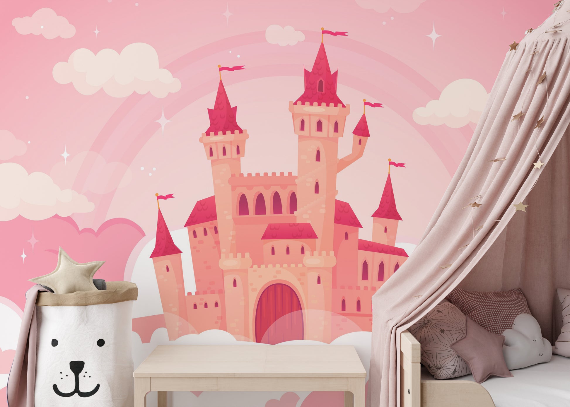 Cartoon castle in pink clouds wallpaper for kids' room.