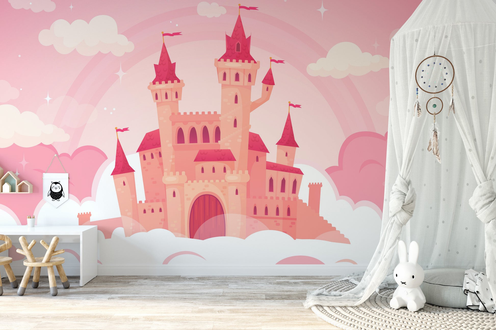 Cute cartoon castle in pink clouds wallpaper.