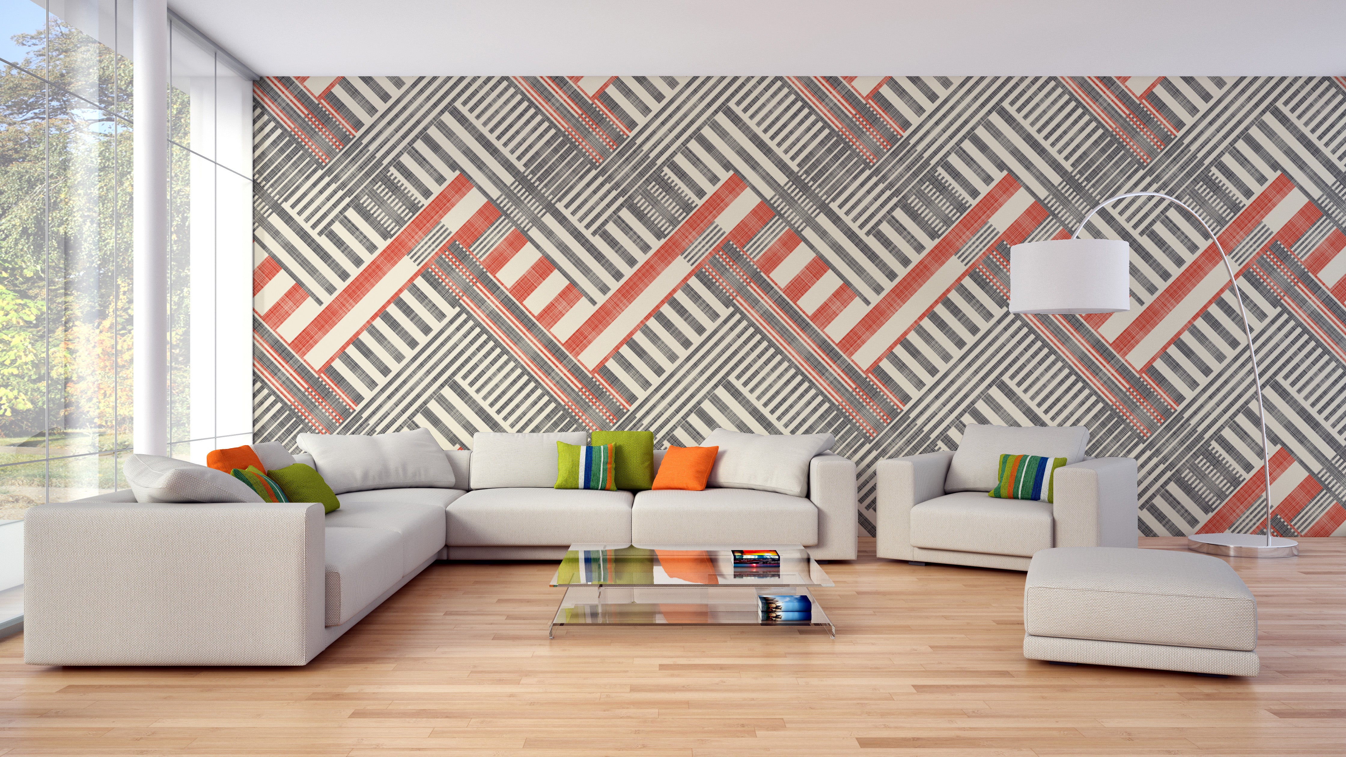 Abstract striped geometric wallpaper for retro interiors.