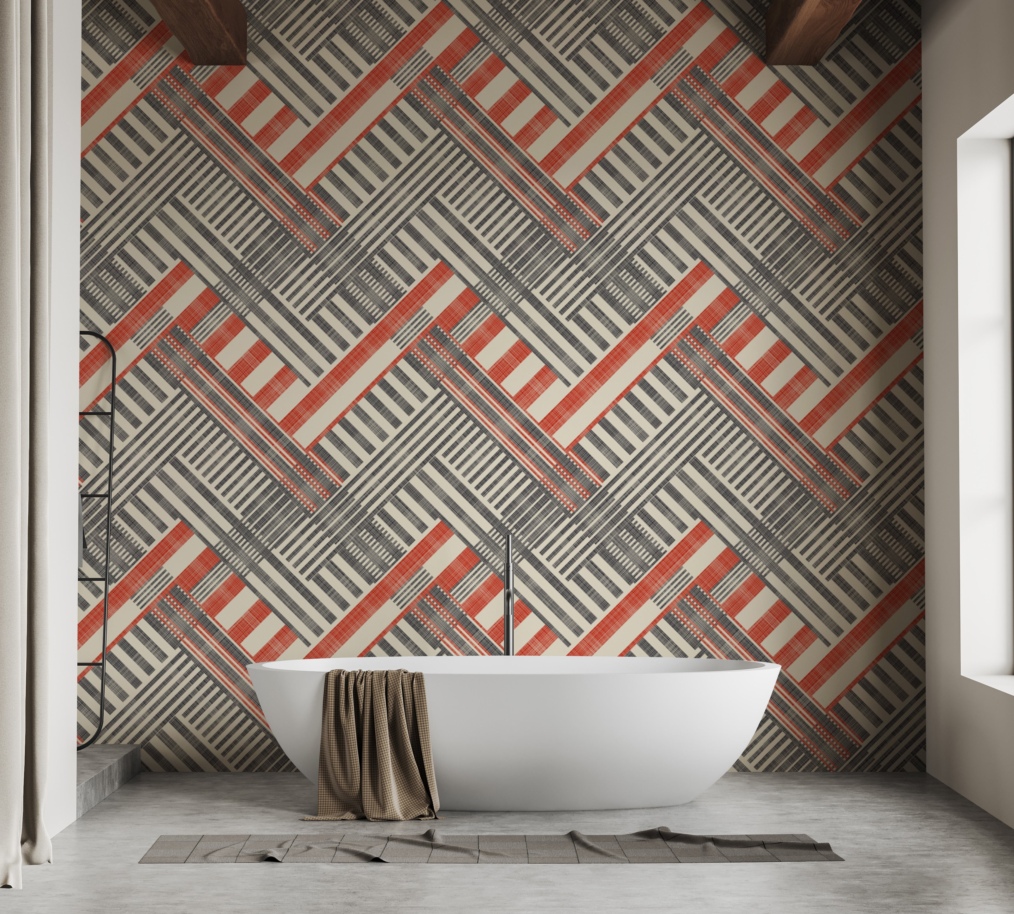 Striped geometric wallpaper with retro colors and patterns.