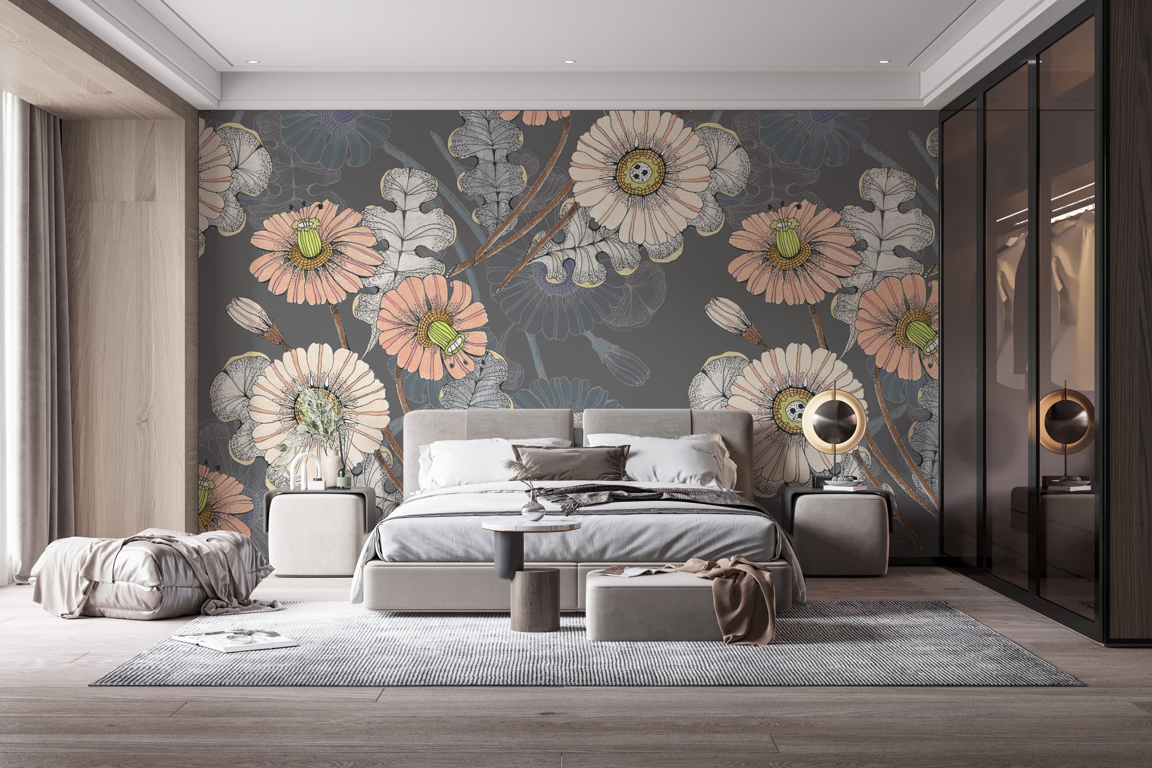 Vintage-style sketch flower wallpaper for timeless decor