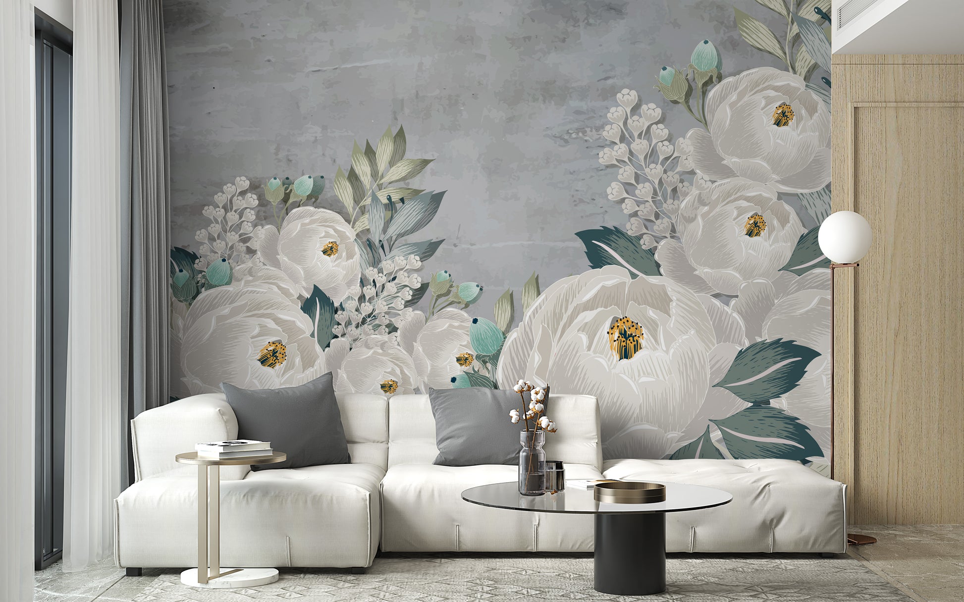 Modern gray floral wallpaper with delicate peony accents.