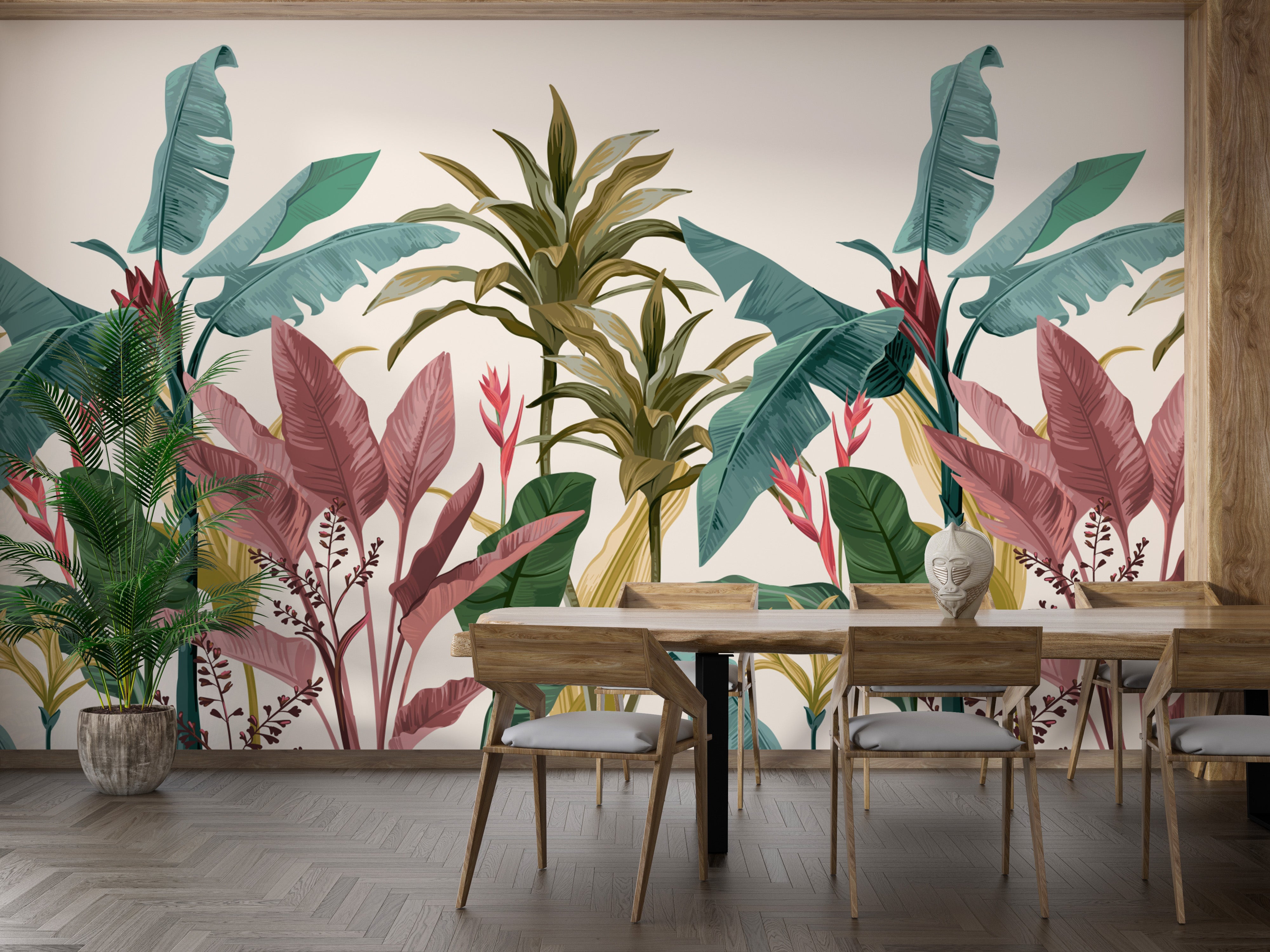 Tropical banana leaves wallpaper for modern interiors.