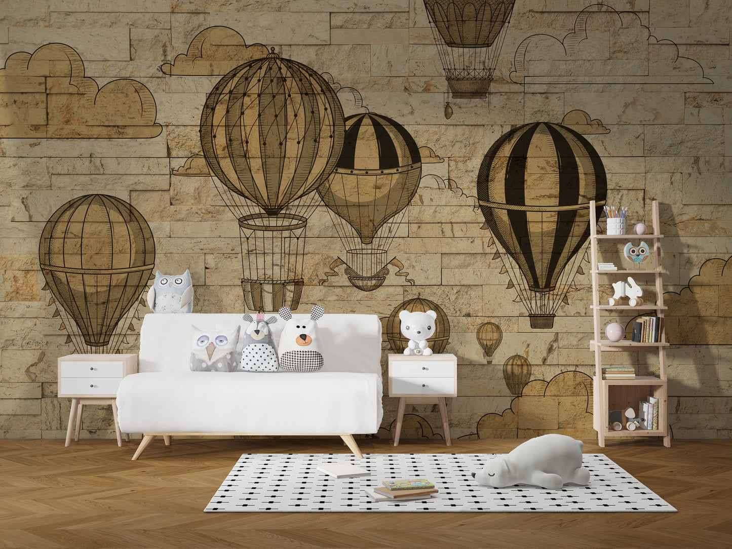 3D wallpaper of hot air balloons floating among clouds.