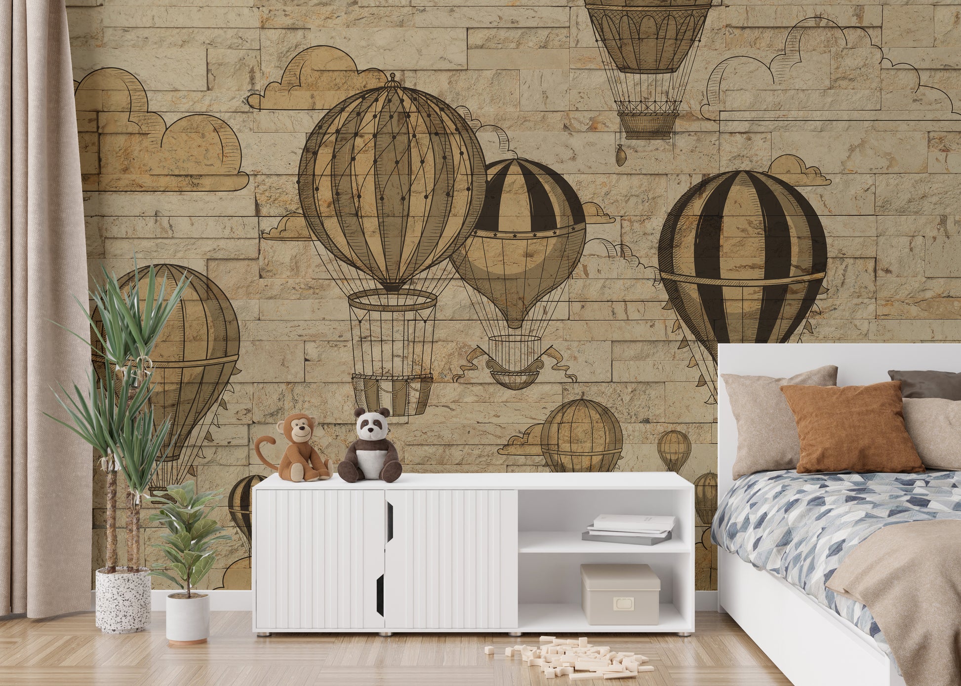 Hot air balloons in 3D wallpaper with beige stone texture.