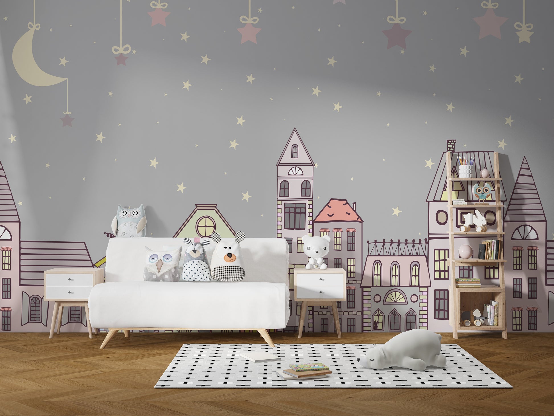 Night-themed wallpaper with pastel houses and soft stars