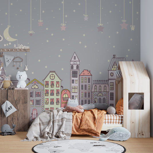 Starry night wallpaper with pastel-colored cute houses