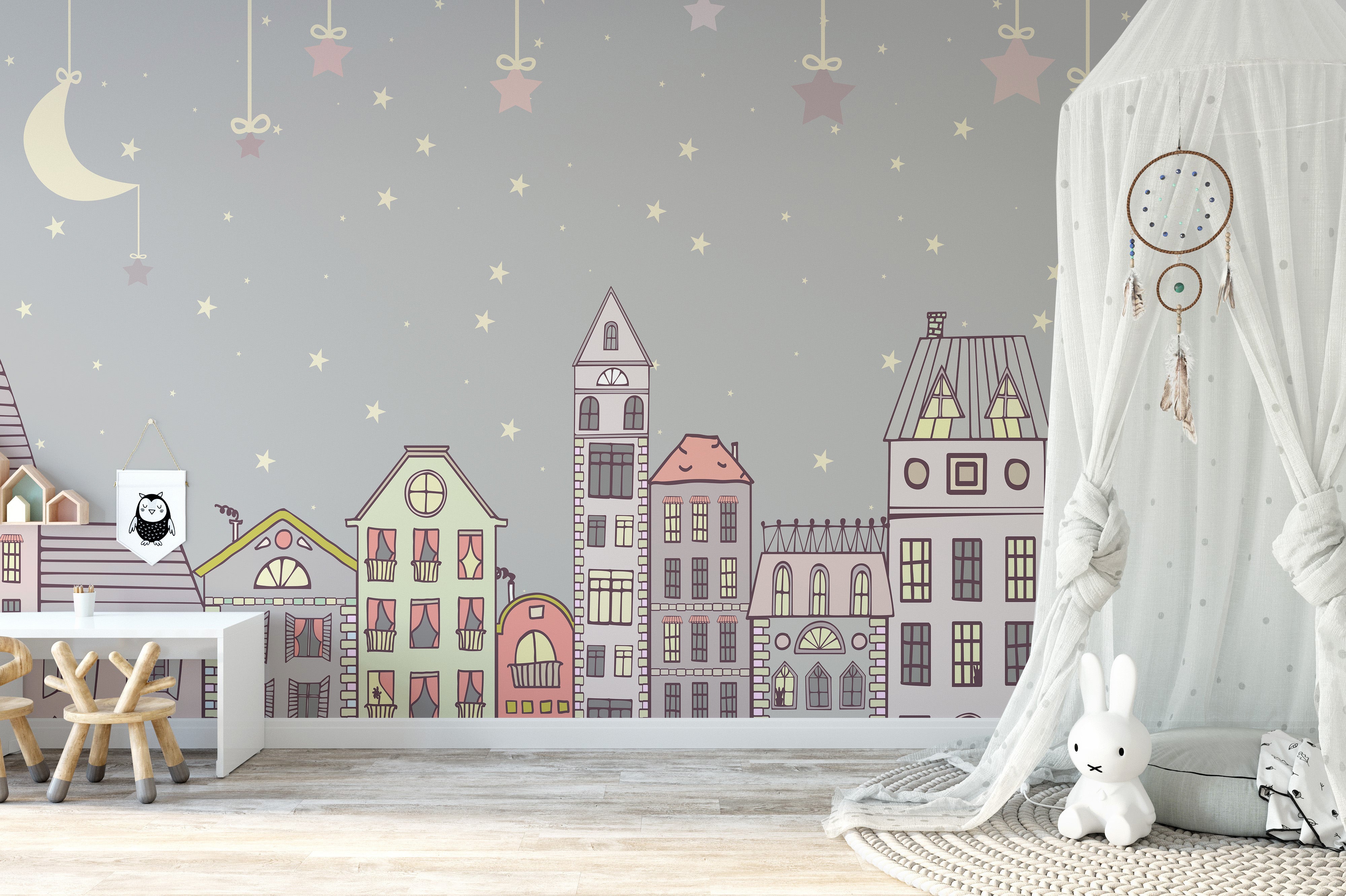 Adorable pastel house wallpaper with a dreamy night theme