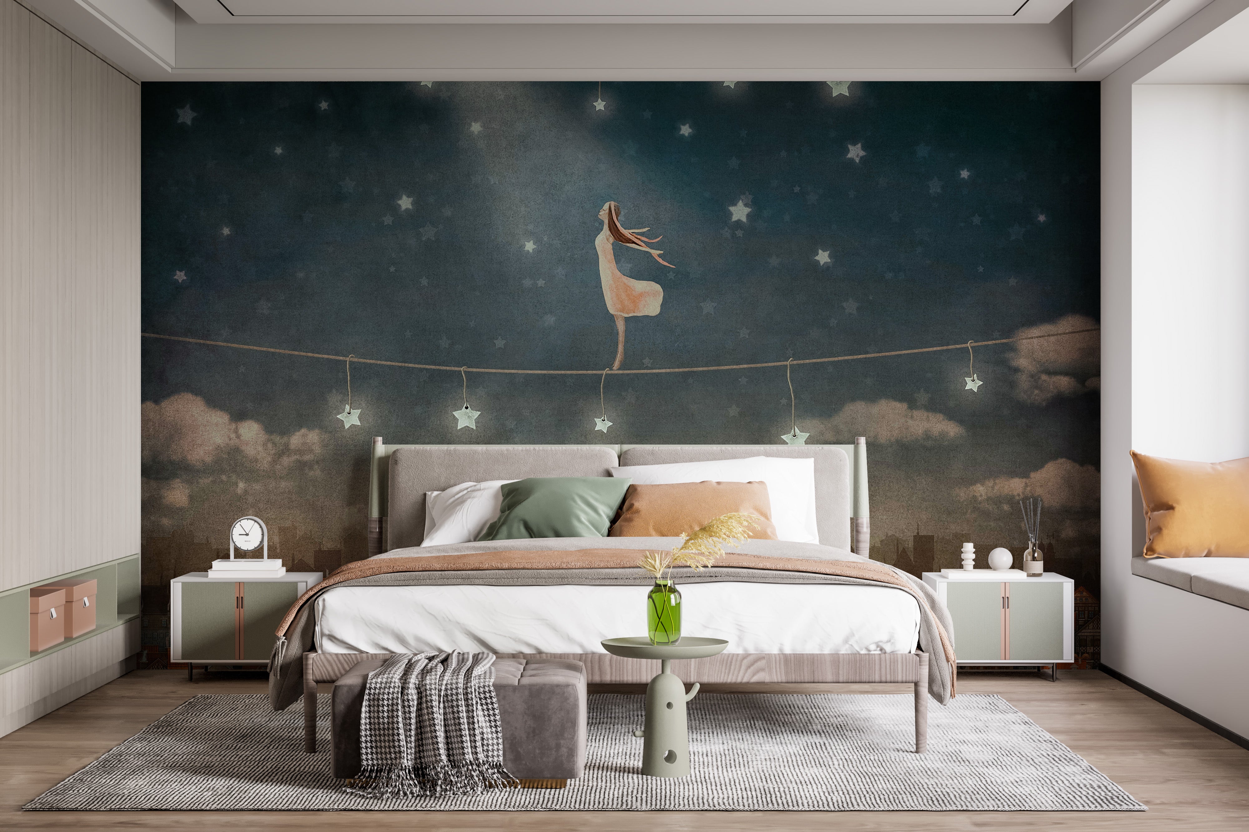 Unique wallpaper featuring starry skies and charming homes.