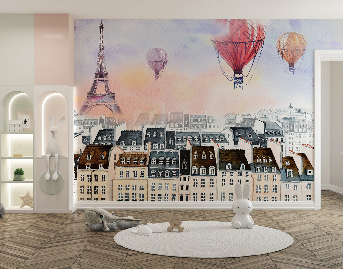 Watercolor Paris with hot air balloon Wallpaper Murals