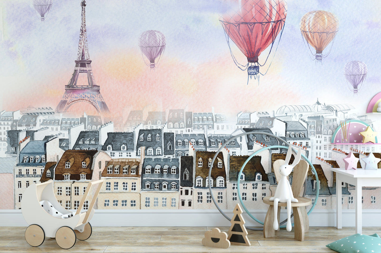 Watercolor skyline of Paris wallpaper with balloons flying