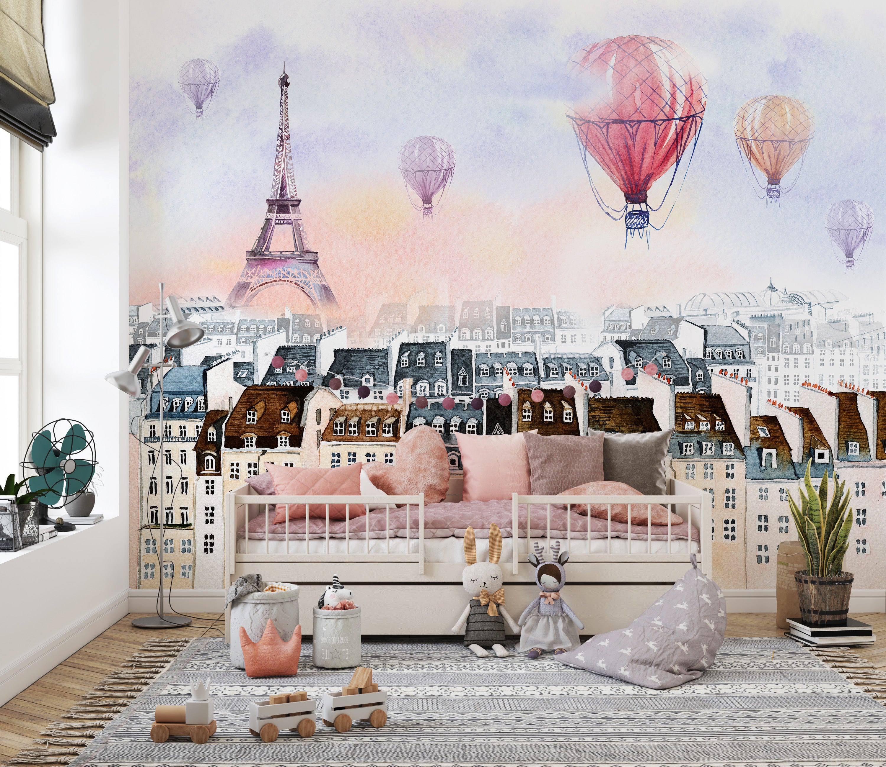 Watercolor skyline of Paris wallpaper with balloons flying