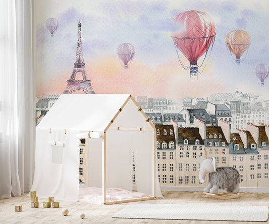 Watercolor Paris wallpaper with hot air balloons at sunset