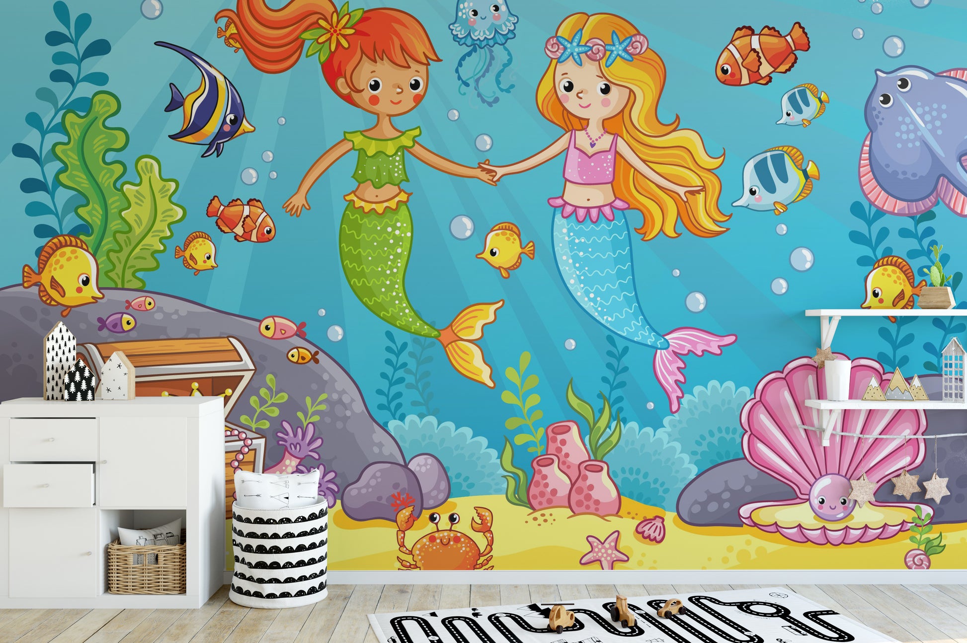 Adorable Mermaid Wallpaper with Crab and Seashells