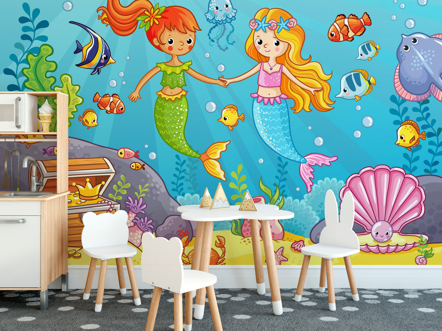 Playful Mermaid Girlfriends Wallpaper for Girls' Rooms