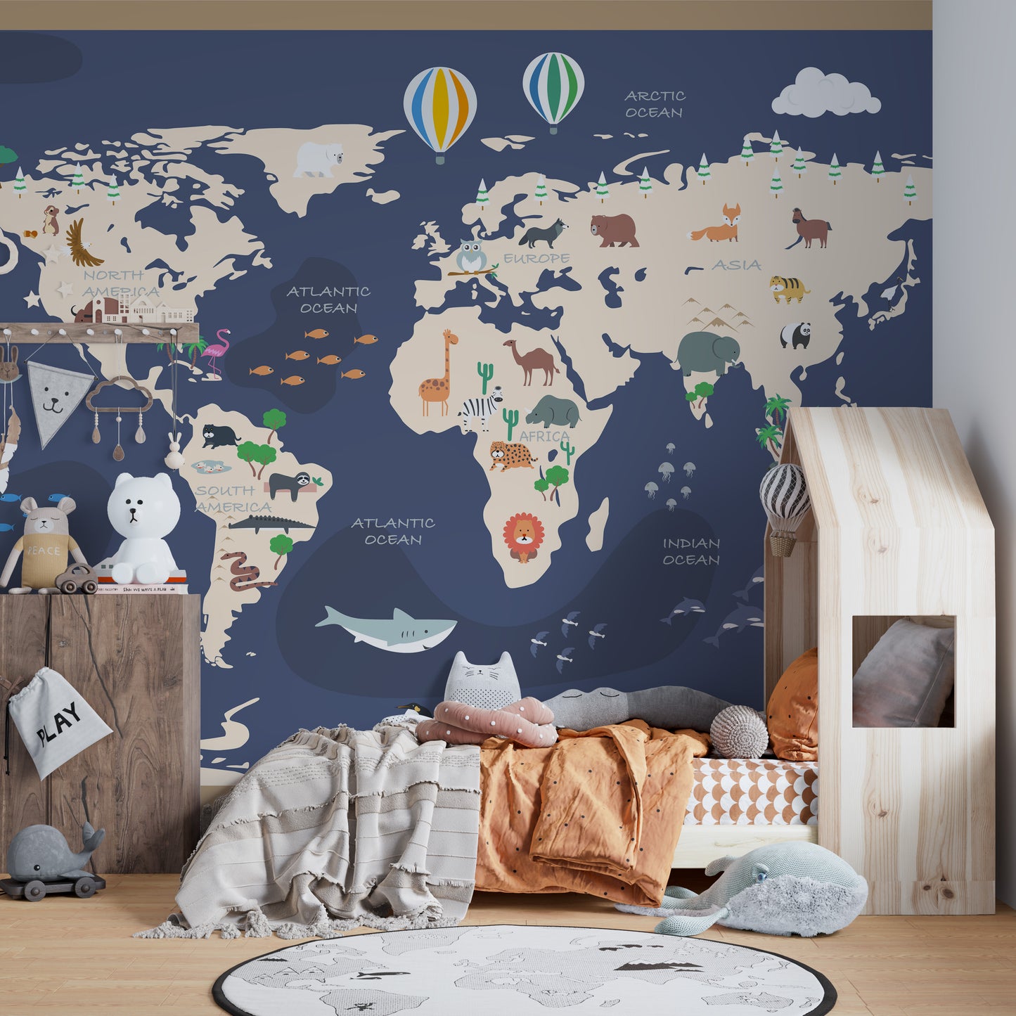 Kids World Map with Cartoon Wallpaper Mural