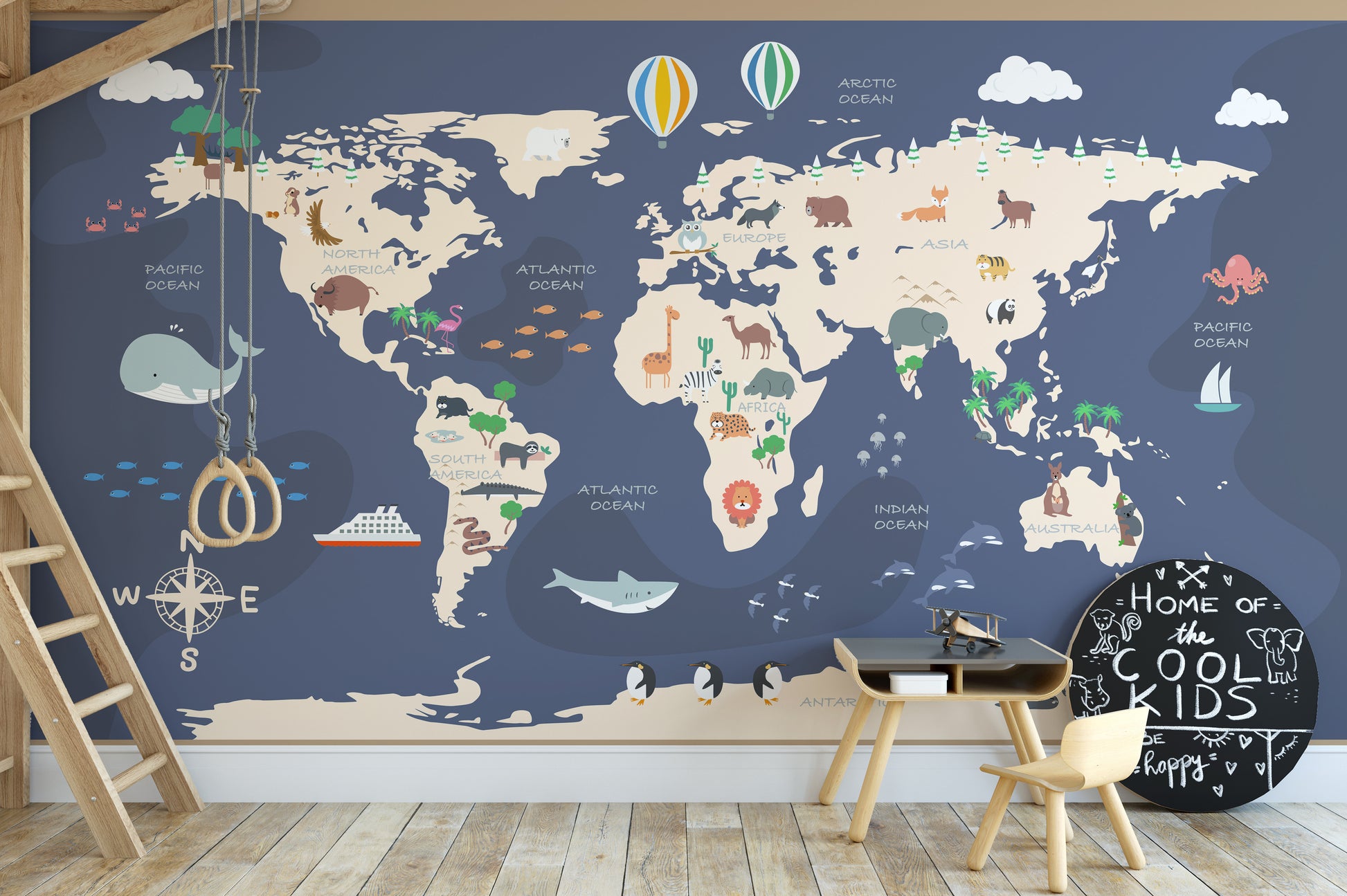 Whimsical world map wallpaper with wildlife